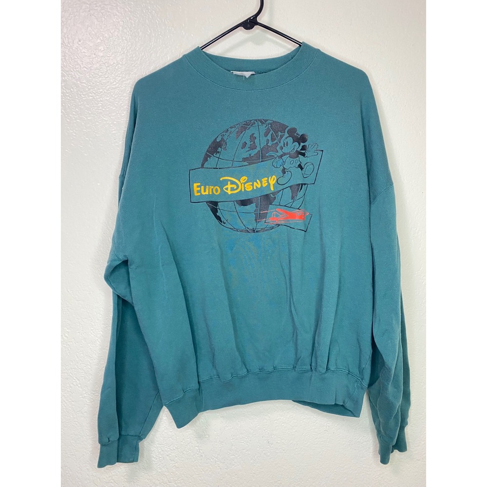 Vintage Euro Disney Mickey Mouse Crewneck Sweatshirt Teal 90s Disneyland Paris